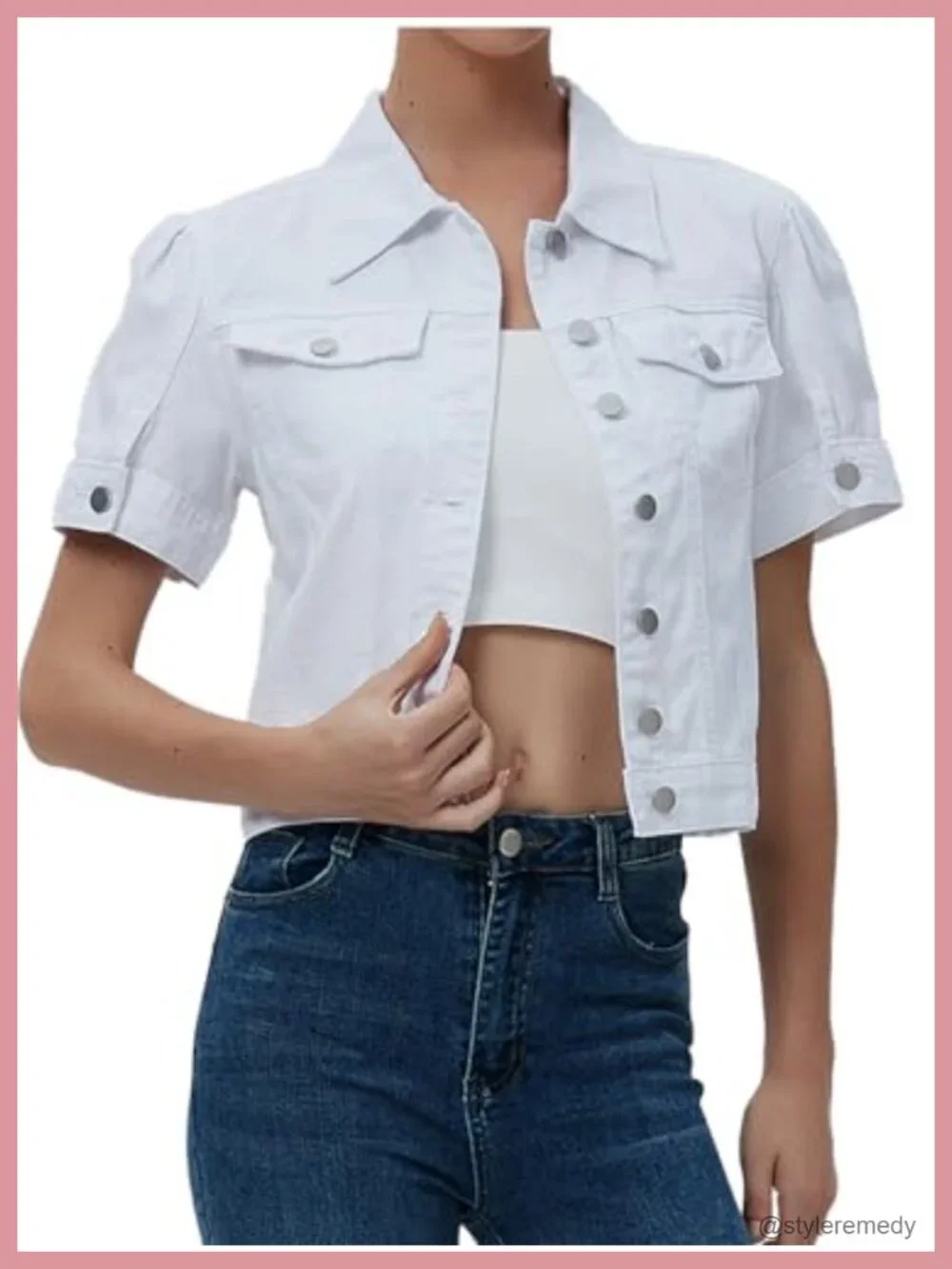 Cropped Denim Jacket Women Puff Short Sleeve Trucker Coat Slim Fit Summer